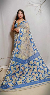 OWALID Self Design Jamdani Cotton Silk Saree(Grey, Blue)