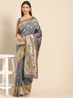 Sareemall Woven Banarasi Silk Blend Saree(Grey)
