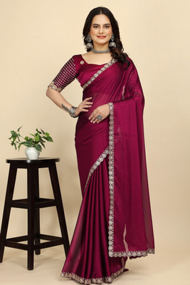 SHIV FASHION Embroidered, Solid/Plain Bollywood Chiffon Saree(Maroon)
