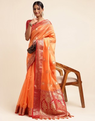 Satrani Woven, Self Design, Embellished Banarasi Organza Saree(Orange, Gold)