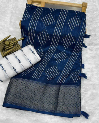 Dhanlaxmi CreationLLP Printed, Woven, Temple Border Ikkat Muslin Saree(Blue)