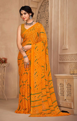 Swarne Geometric Print Bandhani Chiffon Saree(Yellow)