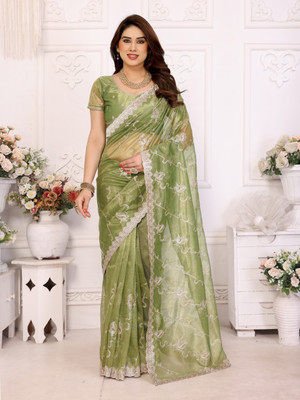 TTH Embroidered Bollywood Organza, Net Saree(Light Green)