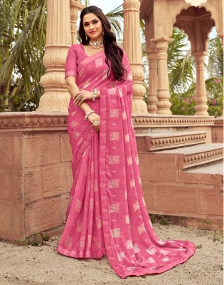 Satrani Floral Print, Printed, Embellished Bollywood Chiffon, Georgette Saree(Pink, White)