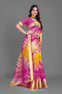 Aarunika MNT Woven Bollywood Organza Saree(Yellow, Pink)