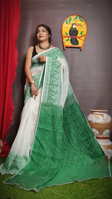 SNEHA CREATION Self Design, Woven Jamdani Cotton Blend Saree(White)