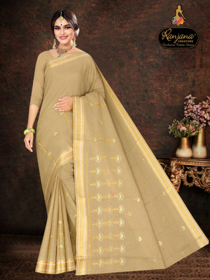 RANJANA CREATION Embroidered Tant Cotton Silk Saree(Brown)