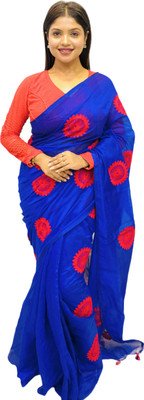 GOURISAREE Embroidered Handloom Cotton Silk Saree(Dark Blue)
