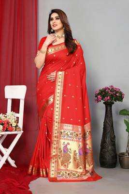 GOLDOLL FAB Woven Paithani Jacquard Saree(Red)