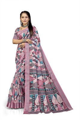 PARVOTSAV Geometric Print Daily Wear Linen Saree(Pink, Blue)