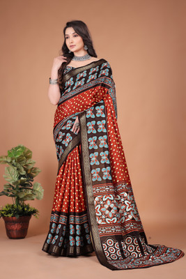 Tasrika Floral Print Bandhani Semi-Pashmina Saree(Orange)