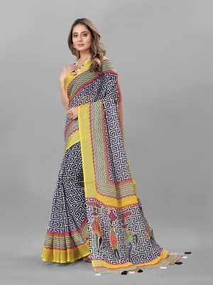 INITHI Floral Print Bollywood Cotton Linen Saree(Yellow)