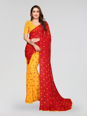 Moda Rapido Polka Print Daily Wear Georgette Saree(Red, Yellow)