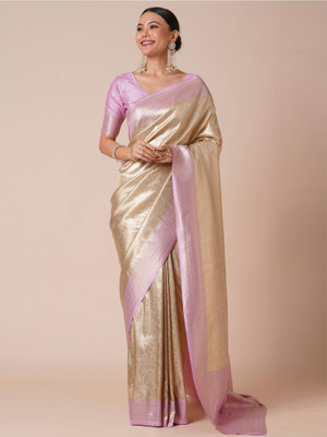 Sareemall Embellished Kanjivaram Silk Blend Saree(Cream)