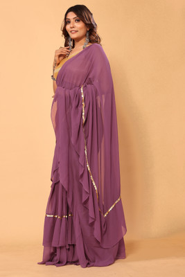 MYSTERY BOX Self Design, Solid/Plain Bollywood Georgette Saree(Purple)