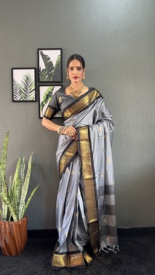 Aika Woven Kanjivaram Cotton Silk Saree(Grey, Black)