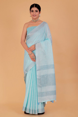 NEGRONI Solid/Plain Daily Wear Linen Saree(Light Blue)