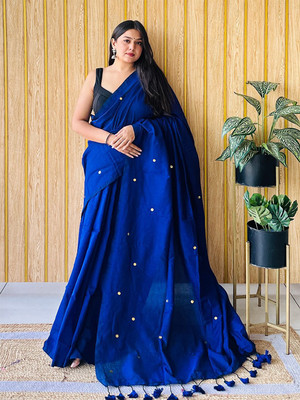 ANOUK Embellished Saree with Attached Blouse Cotton Blend Saree(Blue)