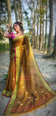 SAYAN CREATION Self Design Handloom Pure Cotton Saree(Mustard)