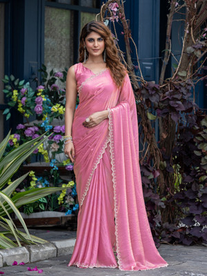 sadika Solid/Plain, Embellished Daily Wear Jimmy choo, Silk Blend Saree(Pink, Gold)