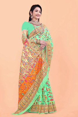Wovenza Self Design, Woven Bollywood Cotton Blend, Semi-Pashmina Saree(Light Green)