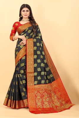 Rupatika Woven Banarasi Pure Silk, Cotton Silk Saree(Red, Black)