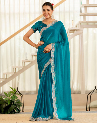 Satrani Solid/Plain, Embroidered Bollywood Chiffon Saree(Blue)