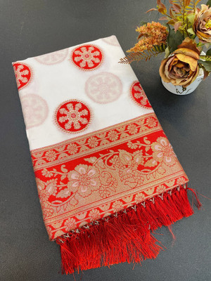 ShivLeela Woven Paithani Cotton Silk Saree(White, Red)