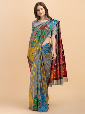 SareeBazzar Woven Jamdani Cotton Silk Saree(Grey)