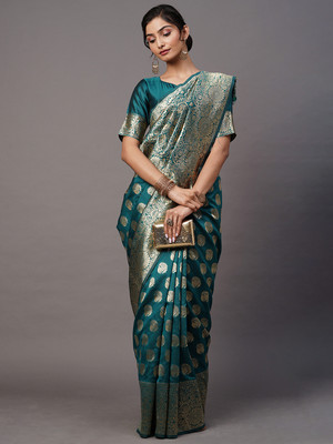 Divastri Floral Print Banarasi Silk Blend Saree(Blue)