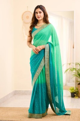 VISVASTA Embellished, Applique, Self Design, Woven, Printed, Floral Print Banarasi Georgette, Lace Saree(Light Green)