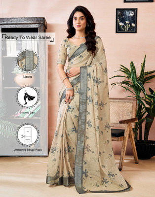 Samah Floral Print, Geometric Print, Printed Daily Wear Linen Saree(Beige)