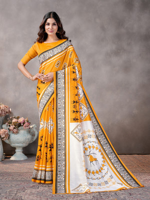 GARDEN VARELI Geometric Print Saree with Attached Blouse Silk Blend Saree(Yellow)