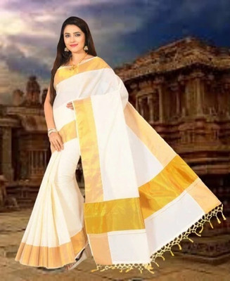 Pitaliya Solid/Plain Kasavu Pure Cotton Saree(Cream)
