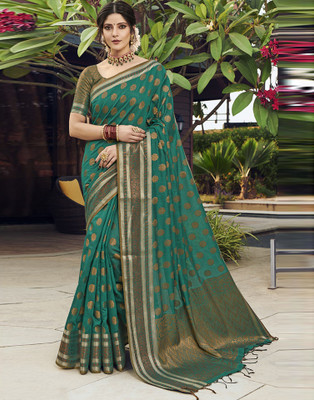 Samah Woven, Embellished, Self Design Banarasi Cotton Blend Saree(Green, Gold)