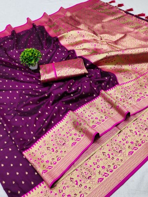 Keswi Fab Woven, Self Design, Embellished Paithani Jacquard, Art Silk Saree(Purple)