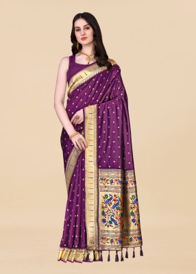 Bansari Textiles Woven Banarasi Cotton Silk, Jacquard Saree(Purple)