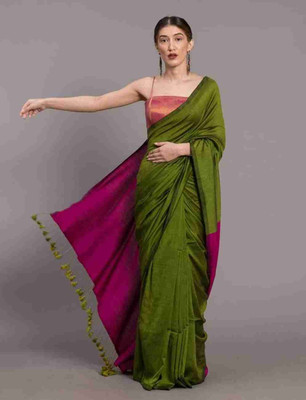Sandhyatara Solid/Plain Handloom Cotton Blend Saree(Pink, Dark Green)