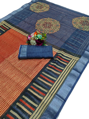 HouseOfCommon Printed Kanjivaram Pure Cotton, Cotton Linen Saree(Orange, Black)