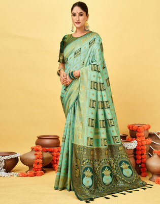 Satrani Woven, Embellished Banarasi Silk Blend Saree(Green)