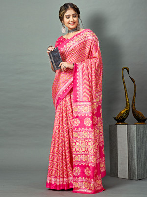 Tasrika Printed Hand Batik Silk Blend Saree(Pink)