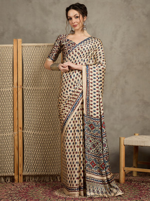 Tasrika Printed Hand Batik Crepe Saree(Cream)