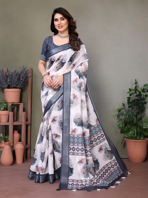 Santro Sarees Digital Print Daily Wear Cotton Linen Saree(Grey)