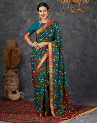 Samah Geometric Print Daily Wear Georgette, Chiffon Saree(Dark Green, Multicolor)