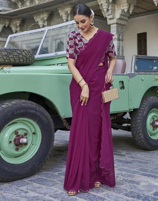 Bansari Textiles Printed, Floral Print, Solid/Plain Bollywood Chiffon, Silk Blend Saree(Purple)