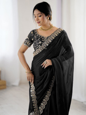 PRETTYAGE Embroidered, Solid/Plain Bollywood Georgette, Silk Blend Saree(Black)