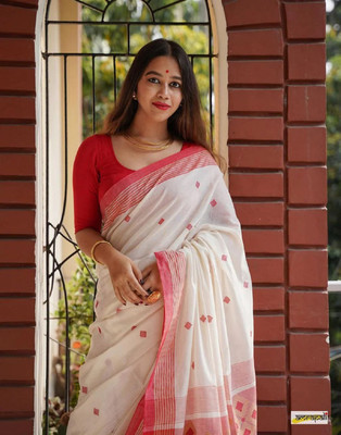 Julee Woven Chanderi Chanderi Saree(White, Red)