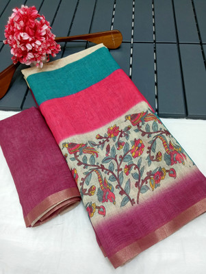 HangerStories Polka Print Kanjivaram Linen, Cotton Linen Saree(Magenta)