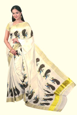 BRINDAVAN CREATIONS Printed Kasavu Tissue Saree(Gold)