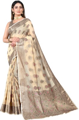 NIYAMI Printed, Self Design, Woven, Floral Print Banarasi Jacquard, Cotton Silk Saree(Beige)